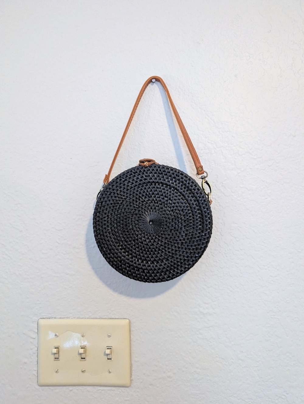 Anthropologie Black Round Woven Crossbody Bag with Tan Strap NWOT